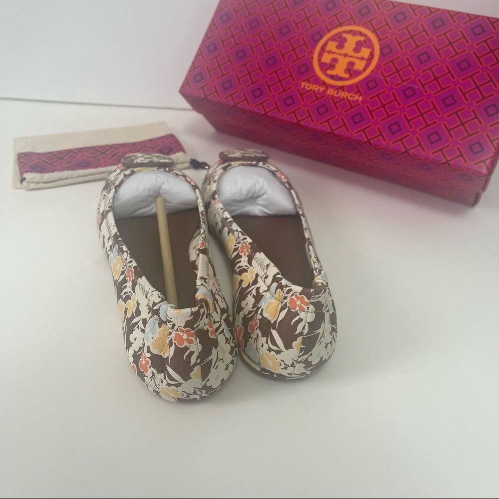 Tory Burch Floral Minnie Travel Ballet With Leather Logo NIB Reverie Combo Color - Picture 6 of 14